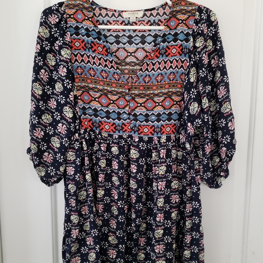 Umgee Boho print navy mini dress sz M